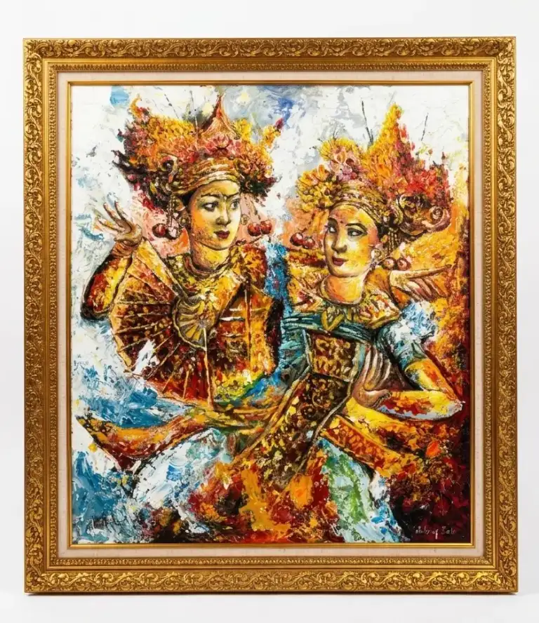 Balinese Women Painting: Original Art Depicting Devotion, Ceremony, and Daily Life - Arts of Bali Sacred Legong — two Balinese women dancers in ceremonial costume, original palette knife impasto painting, gold frame, Arts of Bali Seminyak
