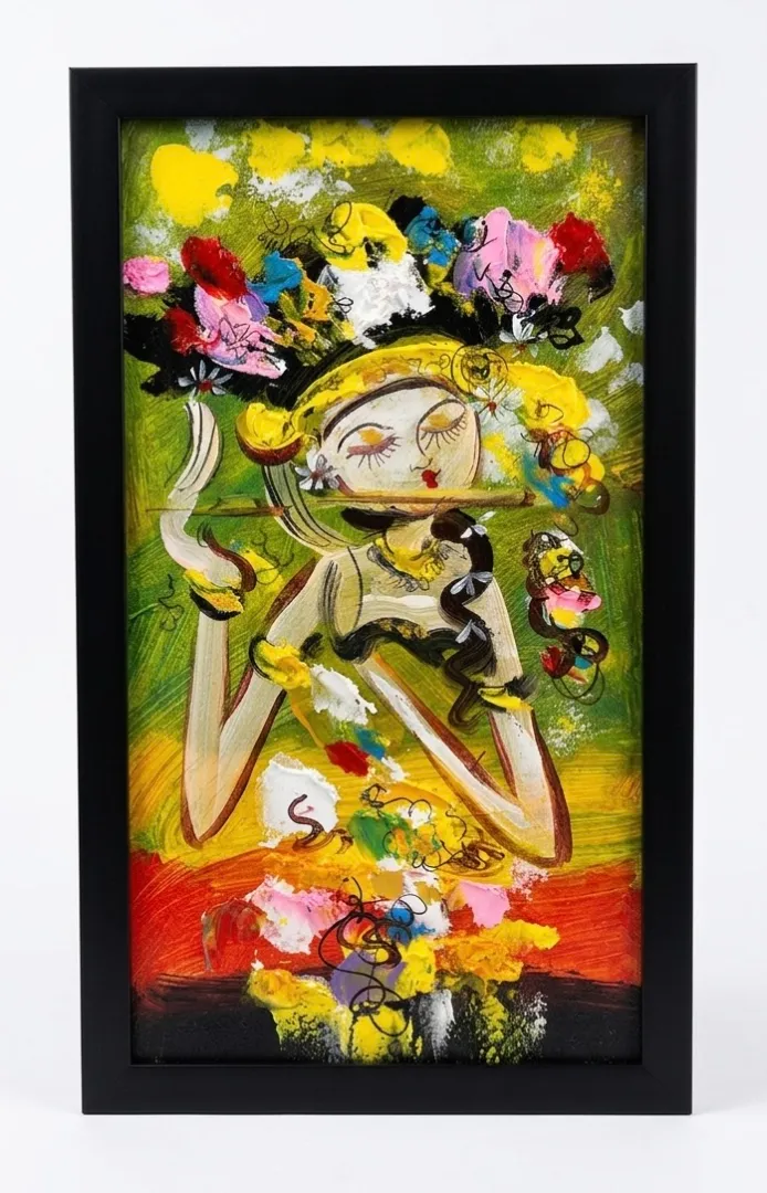 Dewi of the Garden — expressionist Balinese woman with colorful floral headdress, mixed media painting, vibrant green yellow red, Arts of Bali Seminyak