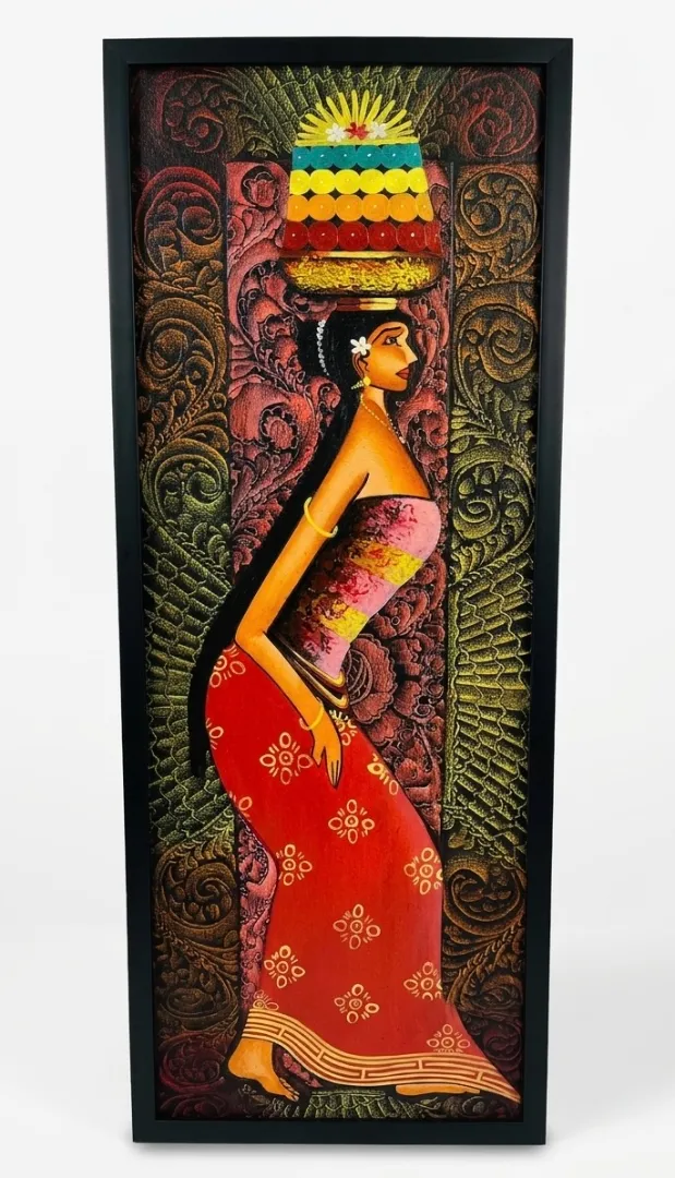 The Gebogan Bearer — elongated Balinese woman in red dress carrying ceremonial offering tower, figurative painting decorative background, Arts of Bali Seminyak