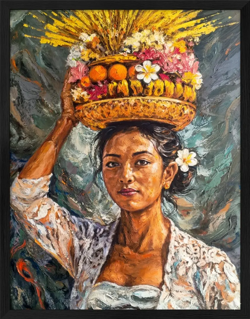 Grace of the Offering — Balinese woman carrying gebogan fruit and flower offering basket on her head, palette knife portrait painting Arts of Bali
