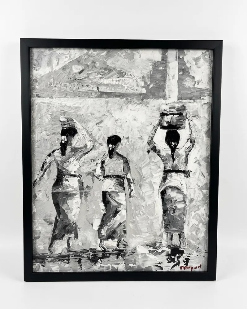 Women of the Procession — three Balinese women in ceremonial procession, monochrome palette knife impasto painting, signed Merry Art, Arts of Bali Seminyak