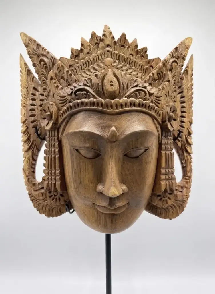 Balinese deity mask with radiating sunburst crown, original hand-carved wood sculpture, Arts of Bali gallery Seminyak