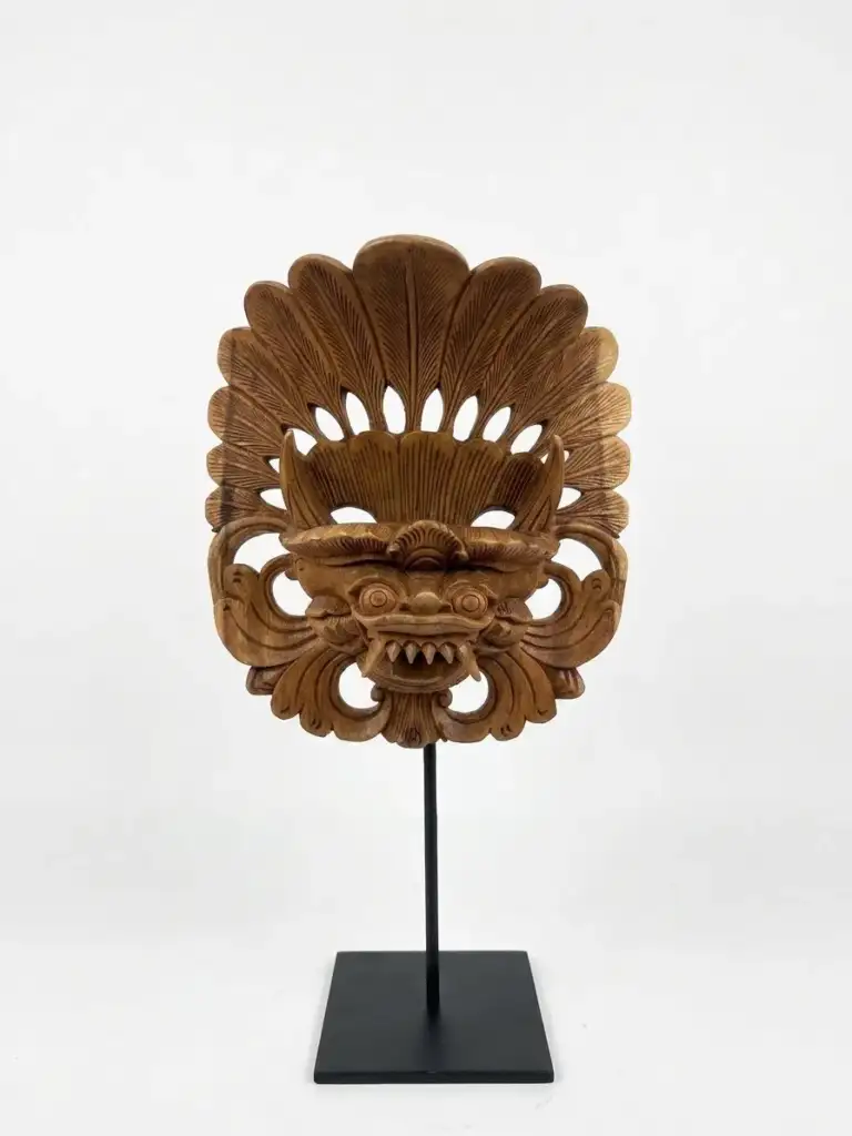 Small Balinese wood carving mask with ornate fan crown, original hand-carved sculpture, Arts of Bali gallery Seminyak