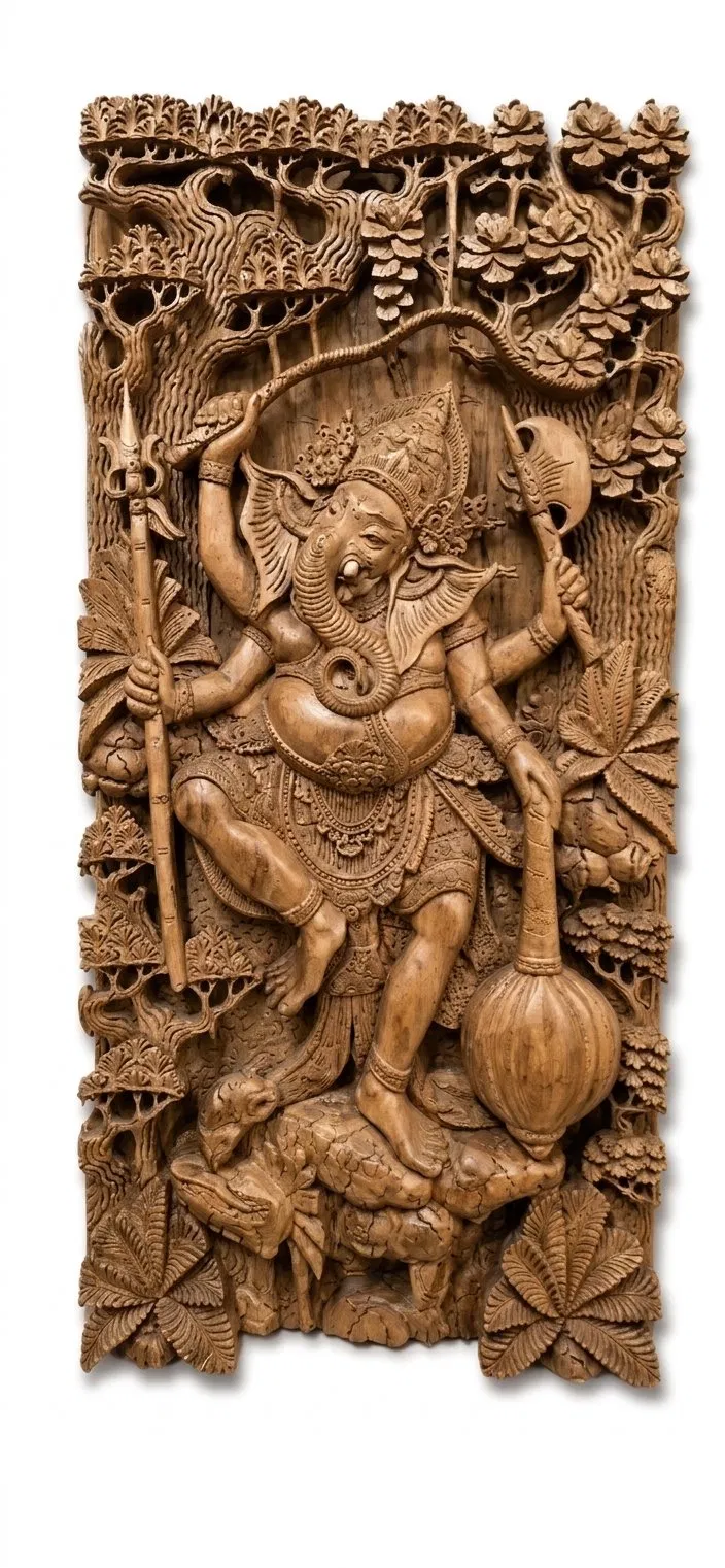 Balinese wood carving relief panel titled Ganesha in the Sacred Forest, 50 by 100 centimeters, showing Ganesha holding ceremonial objects within densely carved forest foliage, Arts of Bali Seminyak gallery