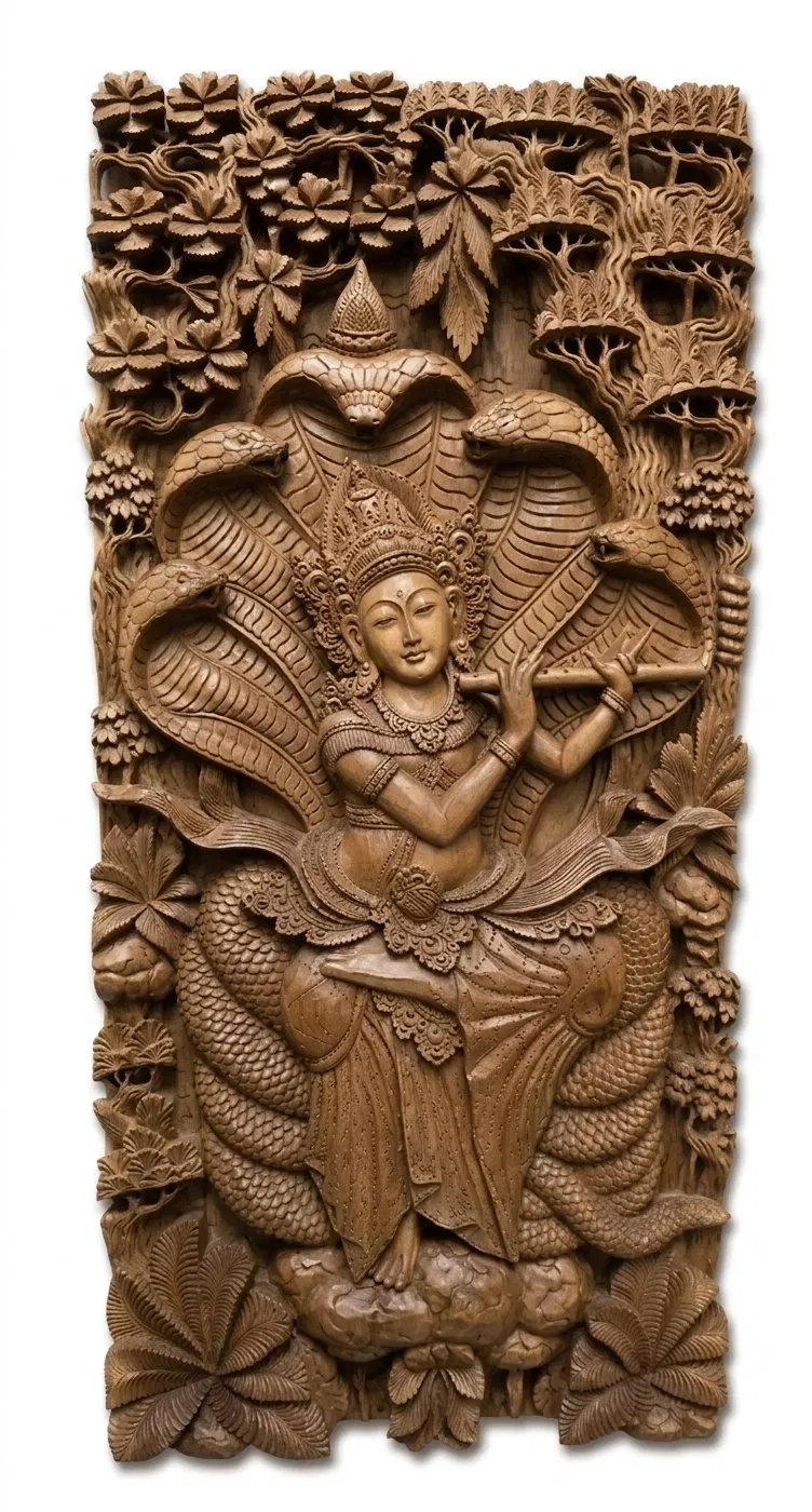 Balinese wood carving relief panel titled The Divine Melody of Krishna, 50 by 100 centimeters, showing Krishna playing a flute beneath a fan of multiple carved cobra hoods, dense forest carving above, Arts of Bali Seminyak gallery