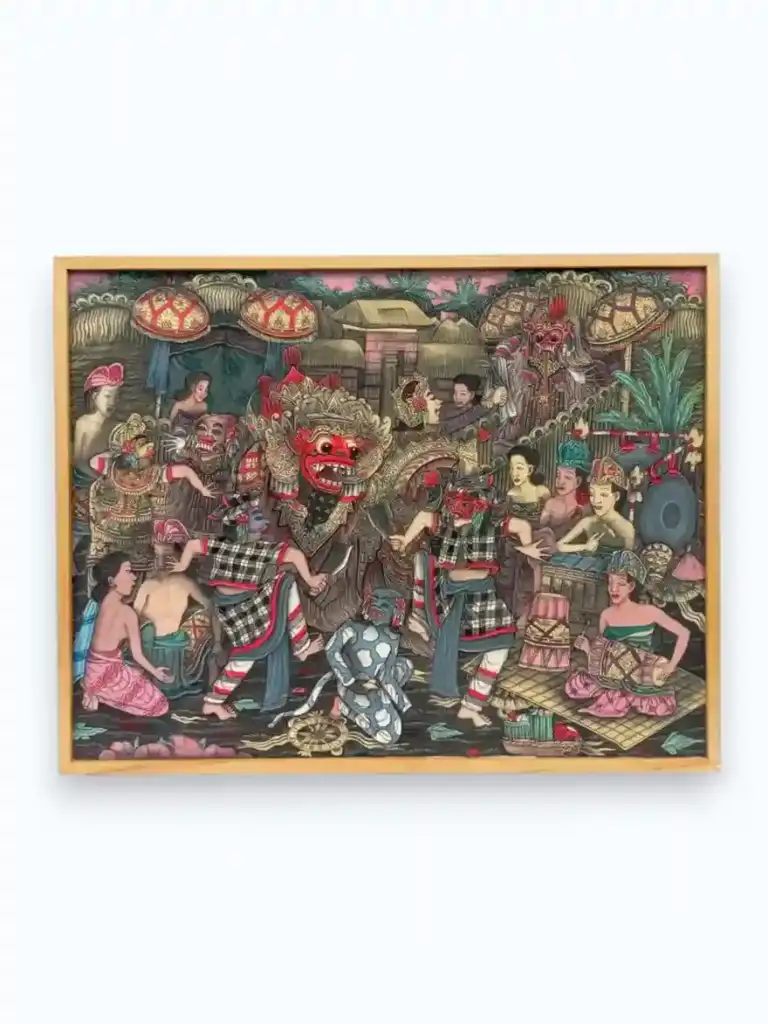 The Sacred Rituals of Bali — side detail view of Barong ceremonial dance original painting, Arts of Bali gallery Seminyak