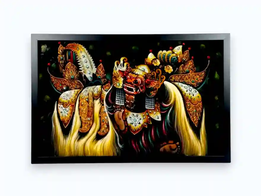 The Mystic Barong Majesty — full canvas view of original large Balinese Barong painting on premium velvet, Arts of Bali gallery