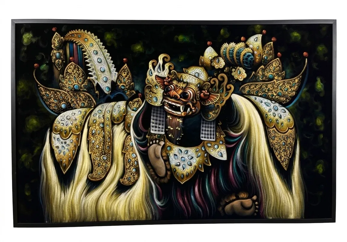 barong ket full body oil painting bali landscape format dark forest green background gold teal ornaments original arts of bali seminyak