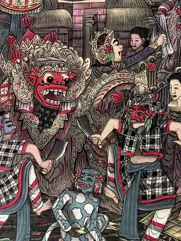 barong rangda battle scene traditional painting bali detail poleng fabric many figures balinese ceremony canvas