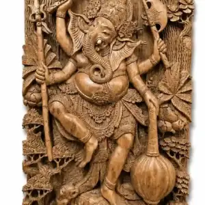 Balinese wooden relief panel of Ganesha in the sacred forest, hand-carved and painted, Arts of Bali gallery Seminyak