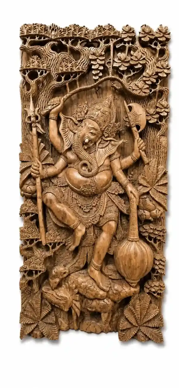 Balinese wooden relief panel of Ganesha in the sacred forest, hand-carved and painted, Arts of Bali gallery Seminyak