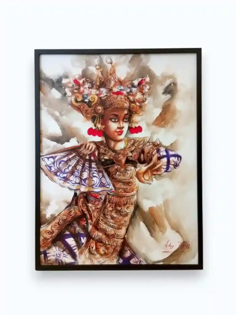 The Elegant Legong Dancer — full canvas view of original Balinese Legong dancer painting, Arts of Bali gallery Seminyak