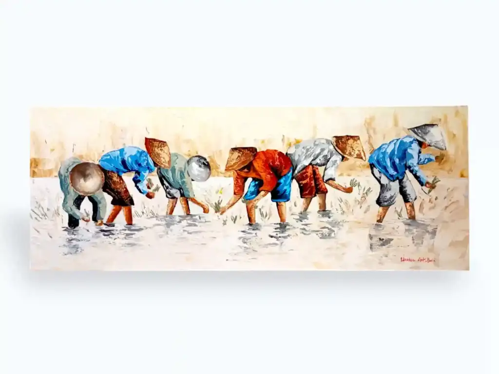 The Rhythms of the Rice Fields — full canvas view of original Balinese rice planting painting, Arts of Bali gallery Seminyak
