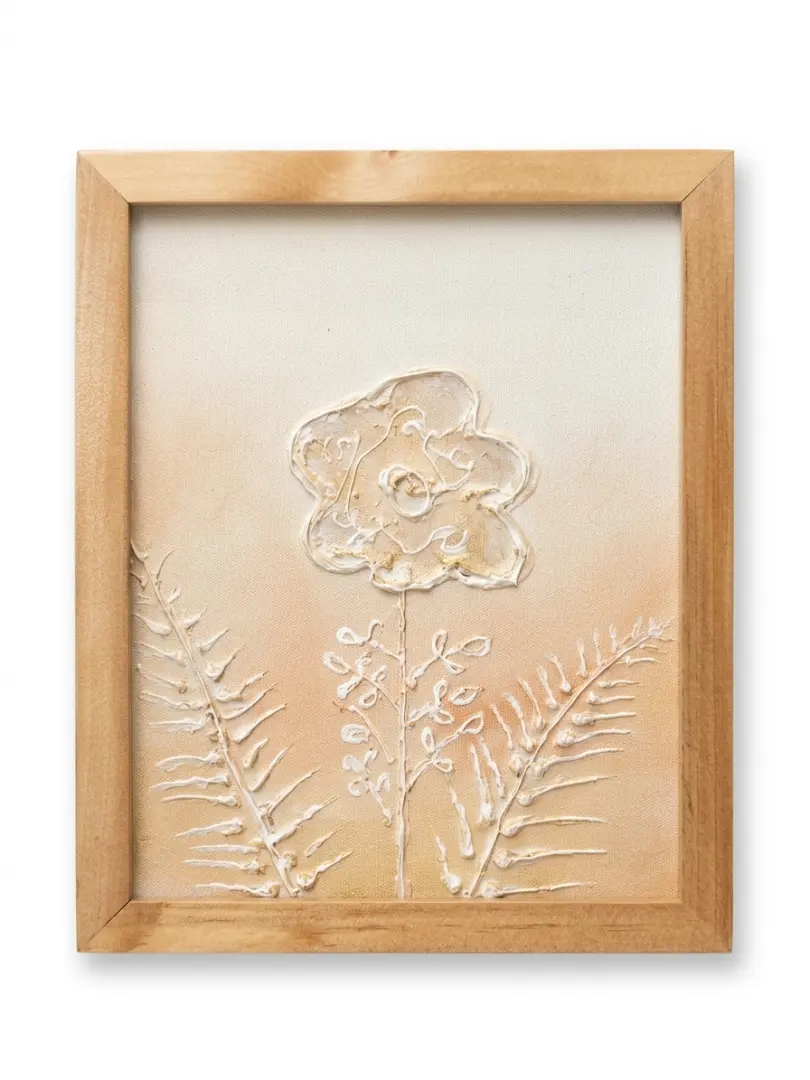 Minimalist sculptural relief flower painting Bali — 3D textured white flower on warm beige ground, natural wood frame, Arts of Bali Seminyak
