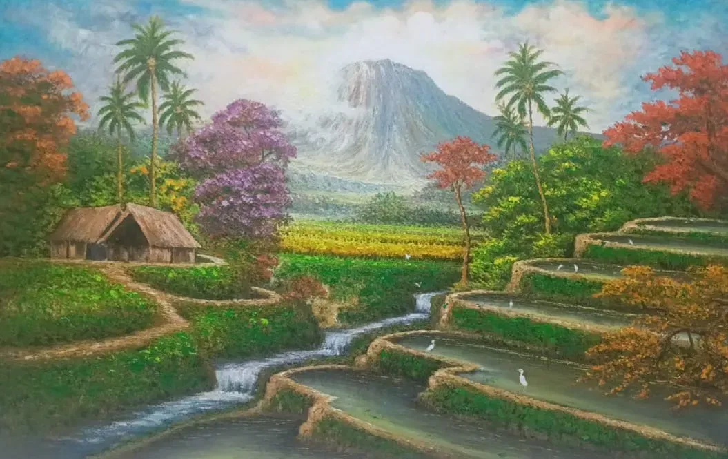 Original oil painting of Mount Agung with a hazy flat-topped profile, white egrets standing in flooded terraced rice paddies, a thatched hut, tall palm trees, and a purple-flowering tree in the foreground, Arts of Bali gallery