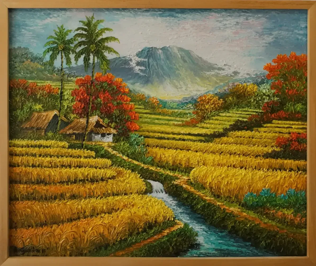 Original oil painting of Mount Agung wrapped in morning mist above golden terraced rice fields, with palm trees, red flame trees, and a thatched hut beside a small stream, Arts of Bali gallery