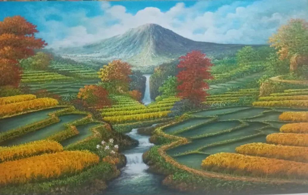 Wide panoramic oil painting of Mount Agung under a bright blue sky with scattered clouds, a stream and small waterfall running through golden and green terraced rice fields, flame trees on either side, Arts of Bali Seminyak