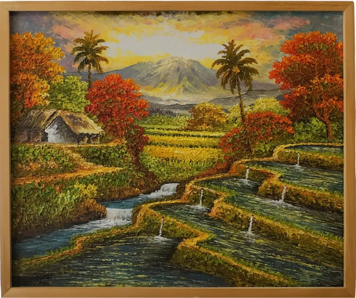 Original oil painting of Mount Agung at dramatic sunset with orange and yellow sky, water cascading down multiple terraced rice paddy levels in the subak irrigation style, palm trees and a thatched hut, Arts of Bali Seminyak