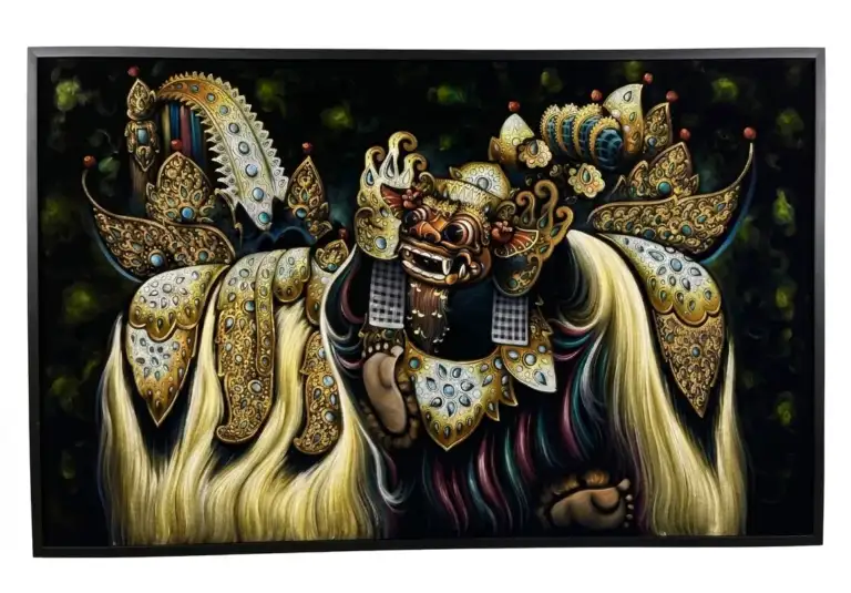 Large Painting Bali: Original Oversized Canvas Art for Statement Interiors - Arts of Bali Original large Balinese painting — The Mystic Barong Majesty, 85×135cm handpainted acrylic on premium velvet, Arts of Bali Seminyak