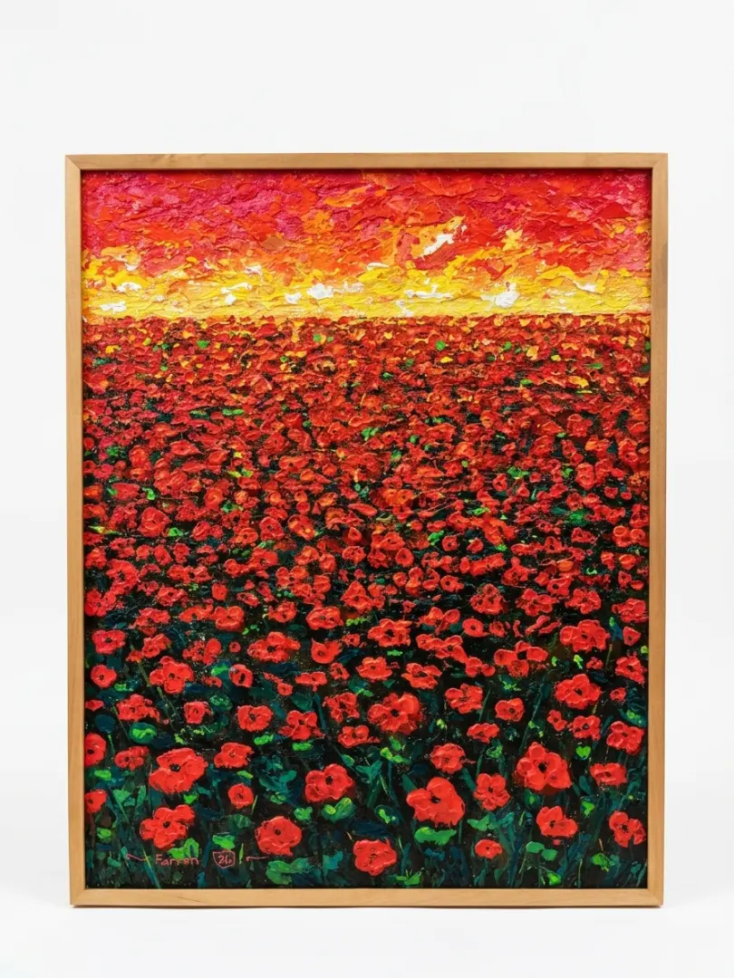 Palette knife poppy field painting Bali by Farfan 2026 — red poppies against dramatic orange sunset sky, signed original canvas, Arts of Bali Seminyak