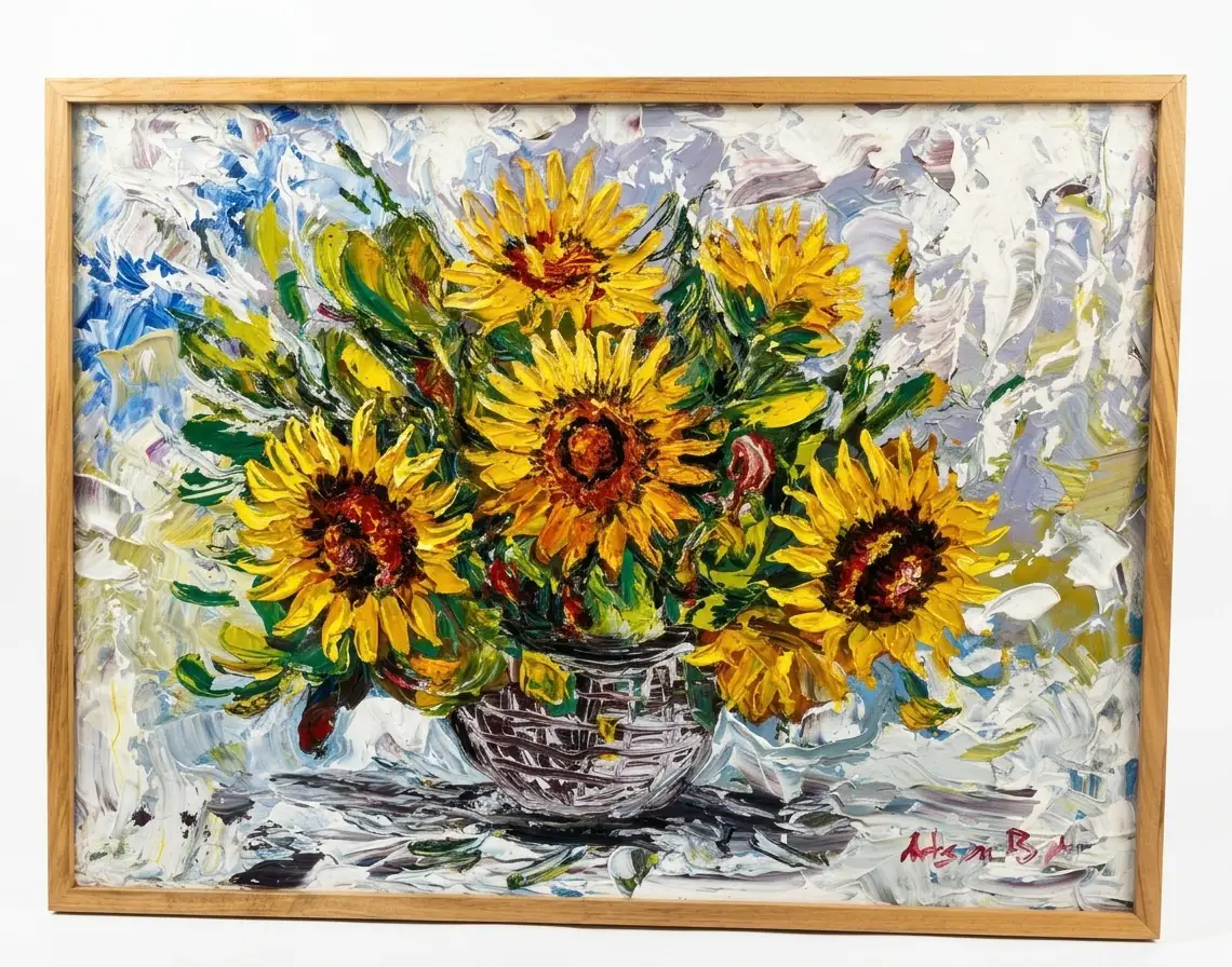 Palette knife sunflower painting Bali by Alzen — impasto technique, original signed canvas in natural wood frame, Arts of Bali Seminyak