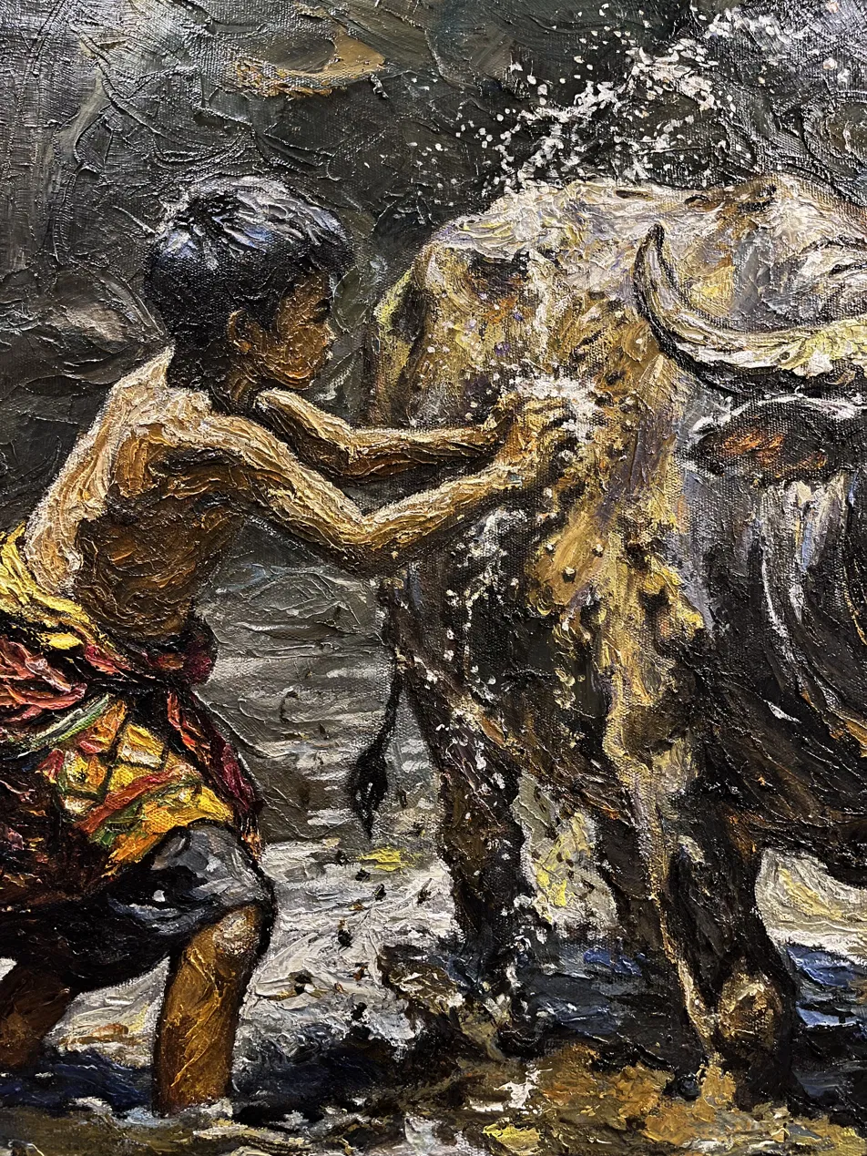 Close-up of palette knife impasto texture — raised water droplets 3-5mm above canvas surface, detail from Serene Bond: Boy and Water Buffalo, Arts of Bali