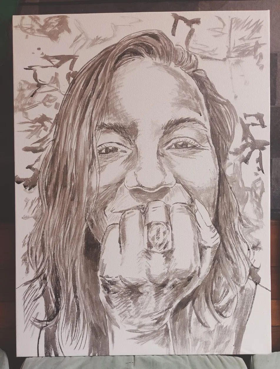 Monochrome underdrawing stage of the commissioned portrait — 120 × 200 cm canvas, Arts of Bali