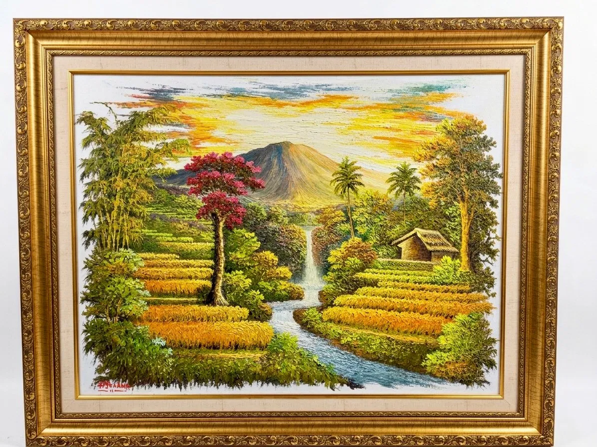 Rice Field Indonesian Culture — original Balinese landscape 70x90cm, palette technique on cotton canvas, ornate gold frame, Arts of Bali Seminyak