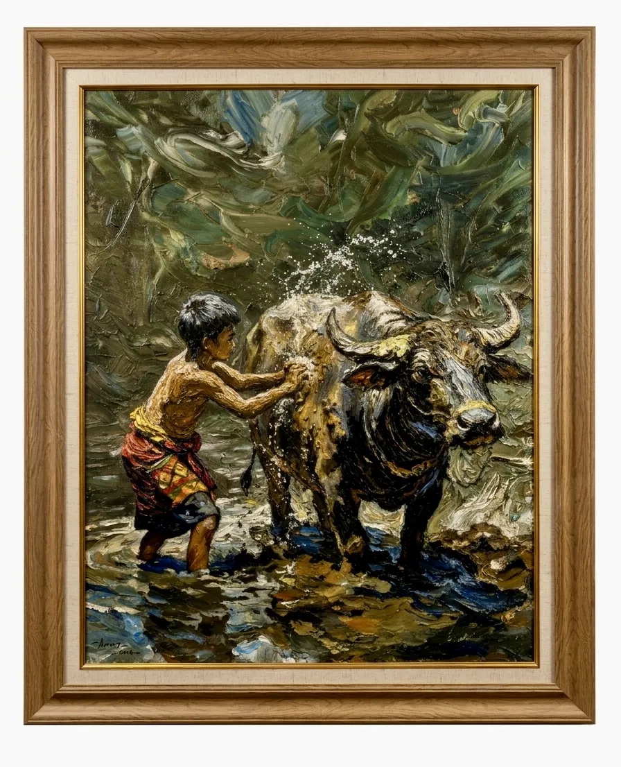Serene Bond: Boy and Water Buffalo — original large Balinese painting 80x100cm, palette knife texture acrylic on Marsoto canvas, Arts of Bali Seminyak