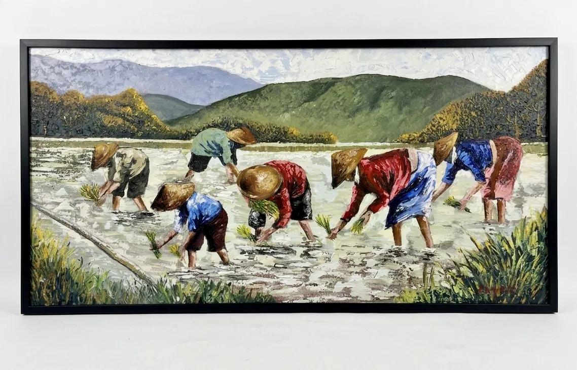 Symphony of the Rice Terraces — large Balinese painting 60x120cm panoramic, palette texture acrylic on Marsoto canvas, Arts of Bali