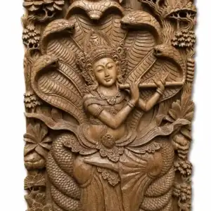 Balinese wooden relief panel of Krishna playing the divine flute, hand-carved and painted, Arts of Bali gallery Seminyak