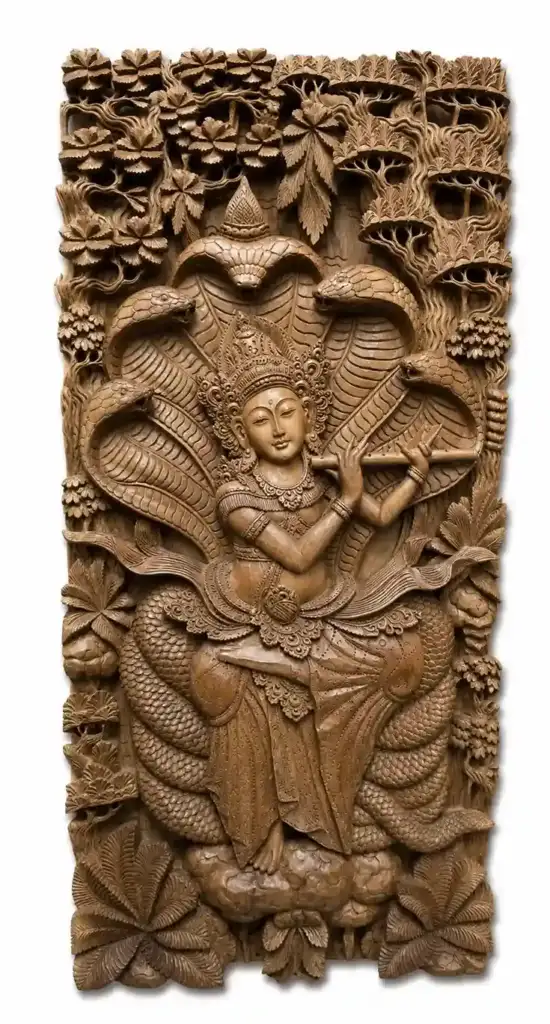 Balinese wooden relief panel of Krishna playing the divine flute, hand-carved and painted, Arts of Bali gallery Seminyak