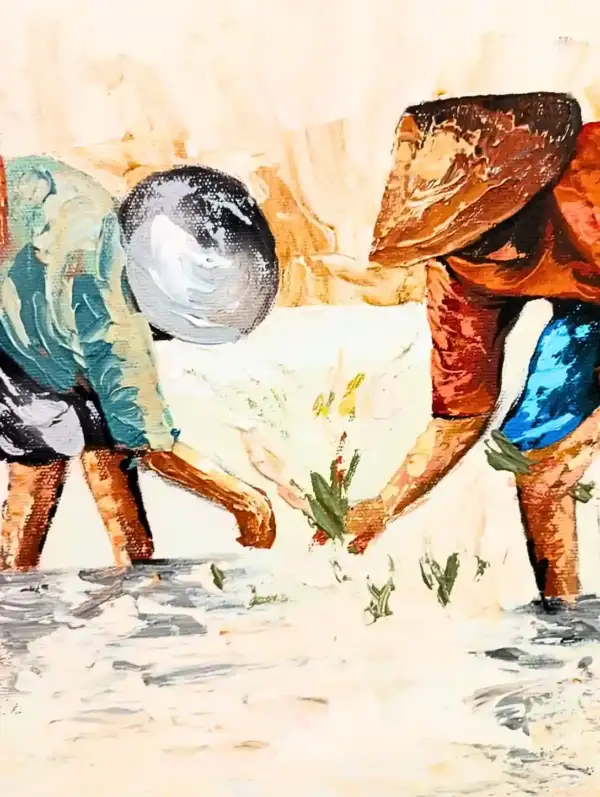 The Rhythms of the Rice Fields — original Balinese painting of farmers planting rice in terraced sawah, Arts of Bali gallery