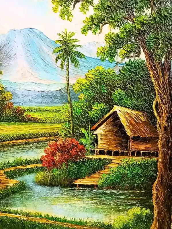 The Serene Emerald Valley — original Balinese rice field painting with lush green terraces, Arts of Bali gallery Seminyak