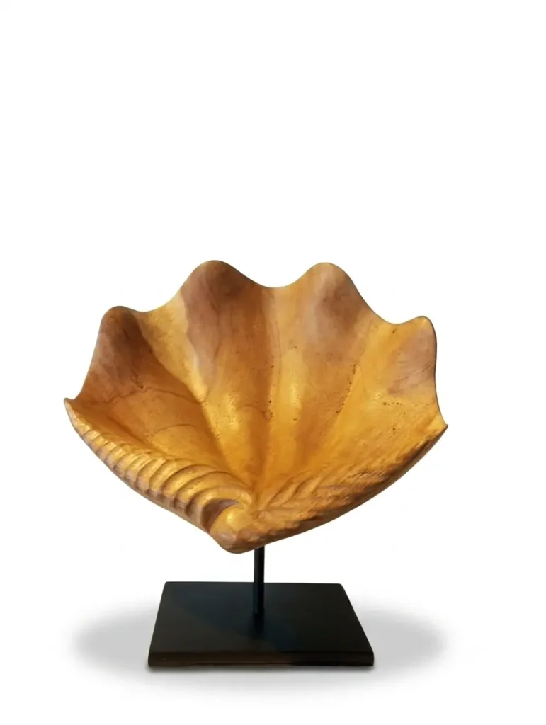 Hand-carved fan seashell wooden sculpture 30cm on a stand, authentic coastal Indonesian art from Arts of Bali.