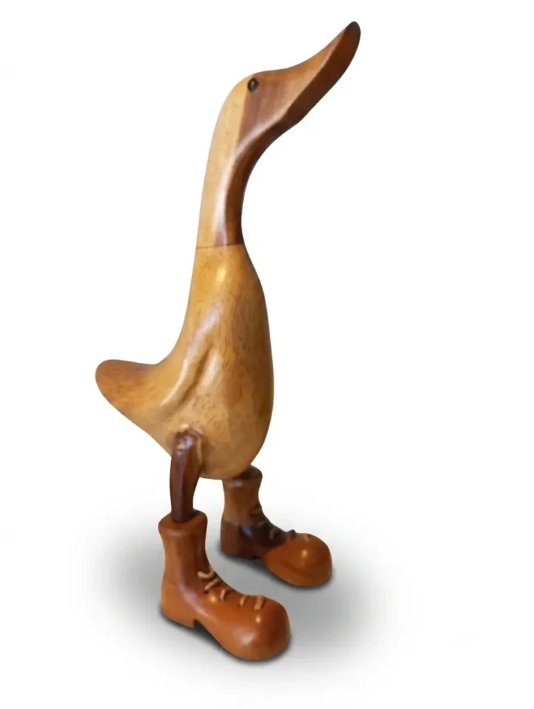 Hand-carved wooden duck wearing boots sculpture 40cm, playful Indonesian wooden decor from Arts of Bali.