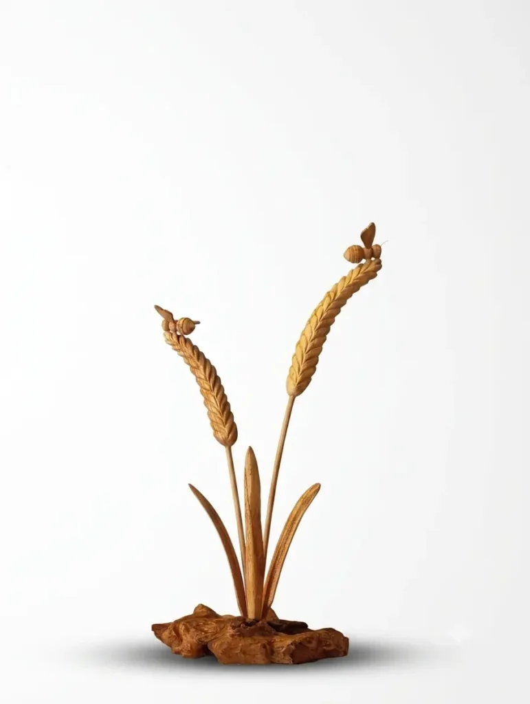 Hand-carved wheat and bees wooden sculpture 40cm decor, detailed handcrafted Indonesian art piece from Arts of Bali.