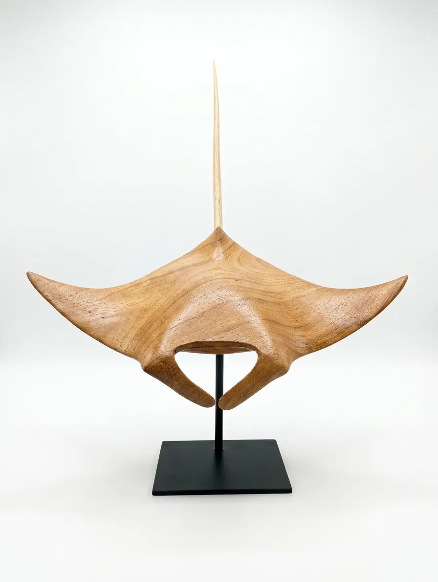 Manta Ray Wooden Sculpture - Arts of Bali Hand-carved manta ray wooden sculpture 40cm on a display stand, authentic Indonesian wood carving from Arts of Bali.