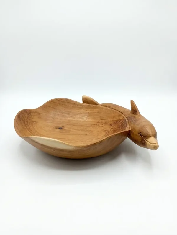 Hand-carved dolphin wooden bowl 40cm decorative dish, handcrafted Indonesian marine wood art from Arts of Bali.
