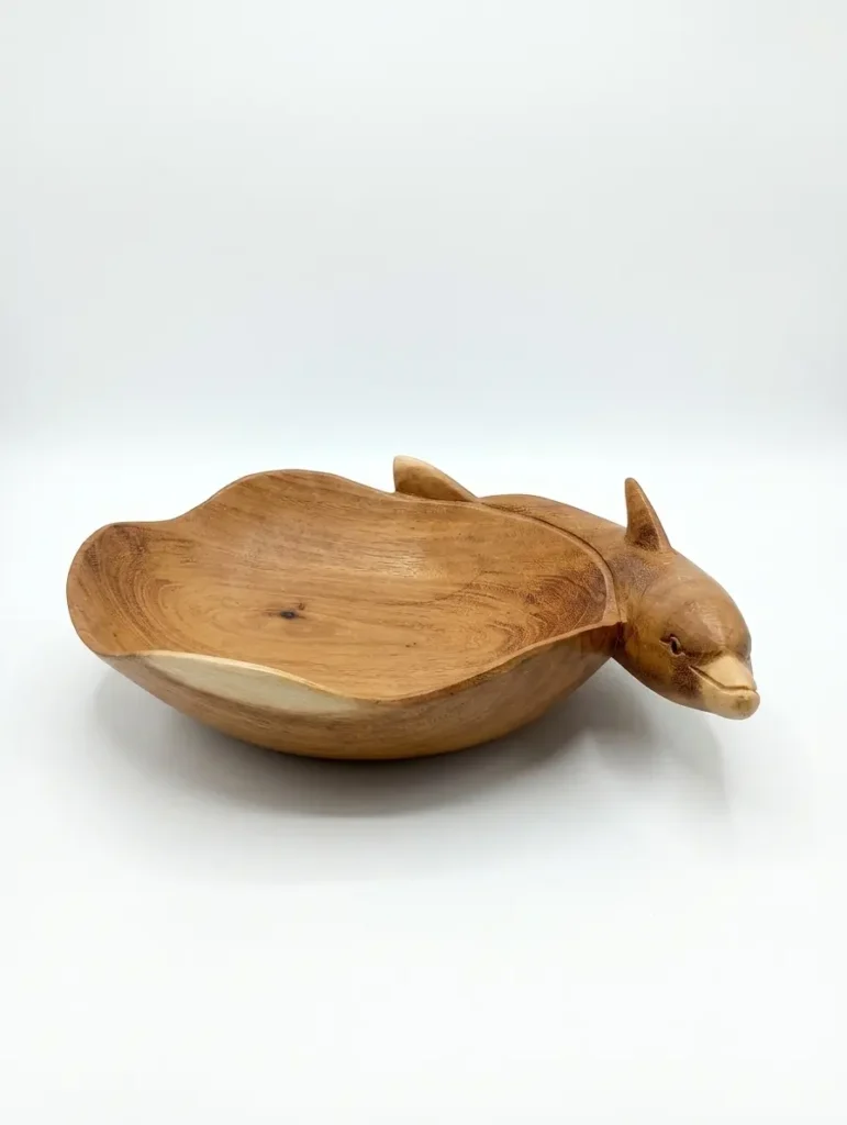 Hand-carved dolphin wooden bowl 40cm decorative dish, handcrafted Indonesian marine wood art from Arts of Bali.