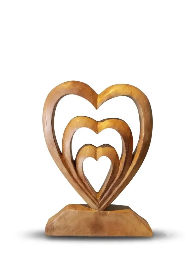 Hand-carved layered triple heart wooden sculpture, authentic Indonesian romantic art piece from Arts of Bali.