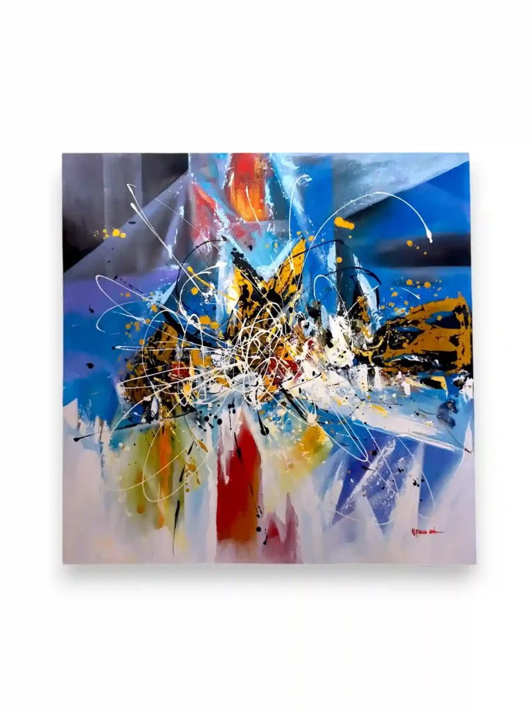 Modern abstract canvas painting featuring a dynamic splash of white black and yellow lines over a blue and red geometric background arts of bali