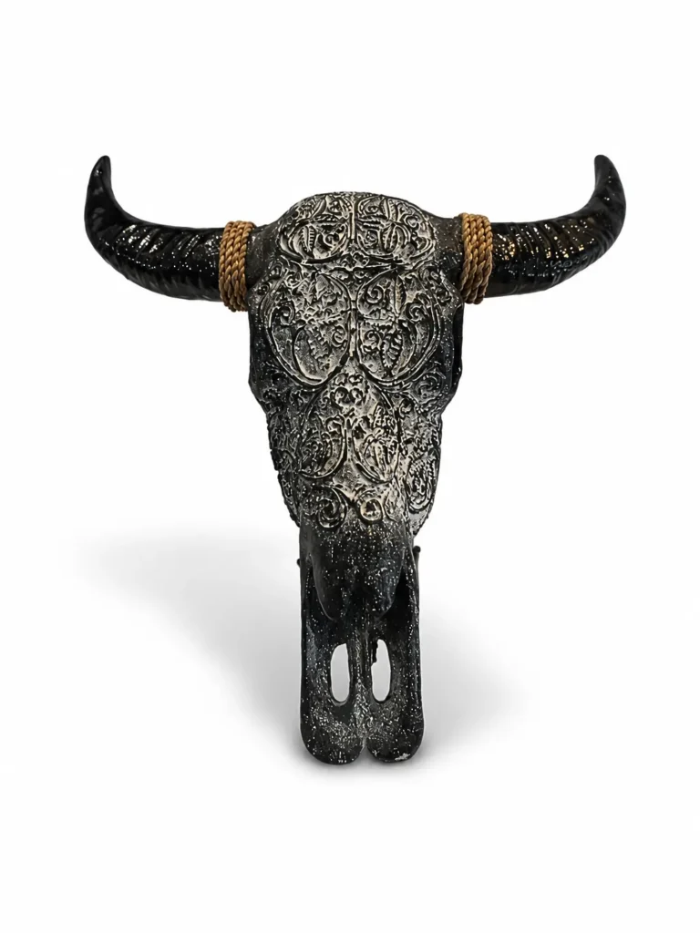 Hand-crafted tribal bull skull metal wall sculpture with detailed carvings and horns, Indonesian decorative art Arts of Bali Seminyak
