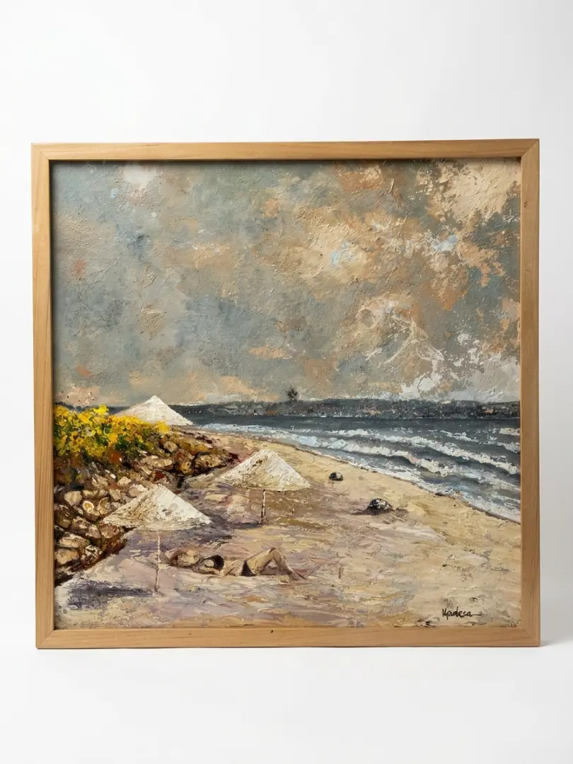 bali beach painting palette knife coastal scene sunbathers umbrella overcast sky signed upeksa natural wood frame original canvas arts of bali