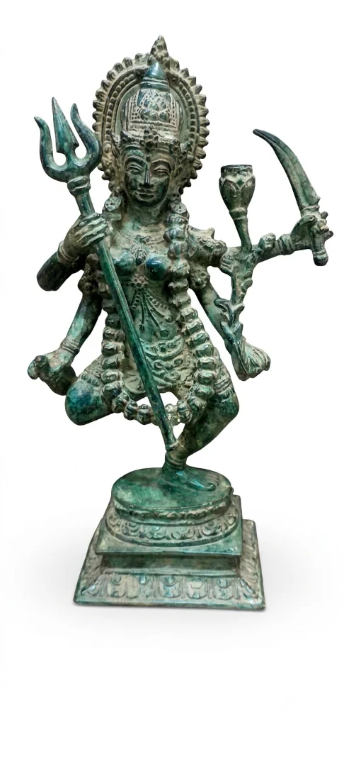bali bronze statue of durga eight arms trisula weapons green patina 30cm arts of bali