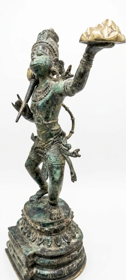bali bronze statue of hanoman carrying mountain green patina finish 45cm arts of bali