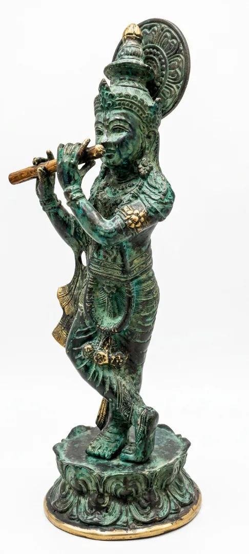 bali bronze statue of krisna krishna playing flute green patina finish 35cm arts of bali