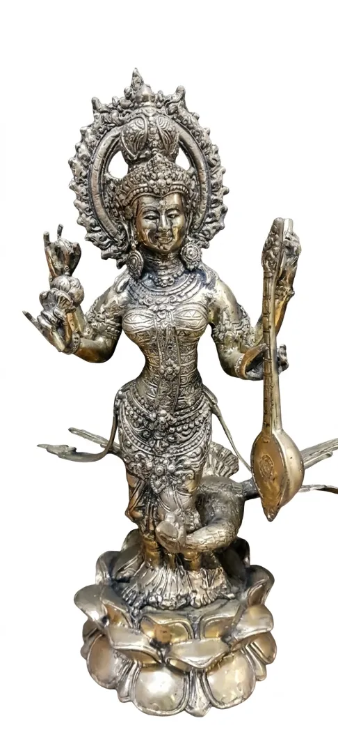 bali bronze statue of saraswati with veena on lotus silver finish 40cm arts of bali