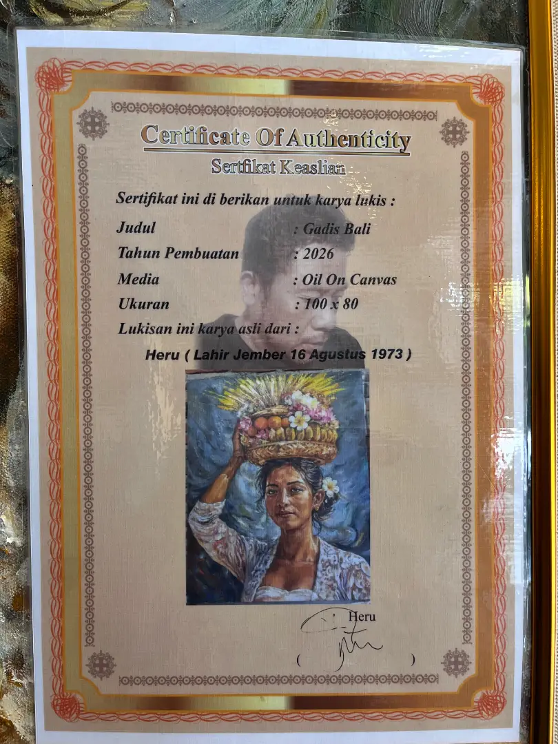 certificate of authenticity document for original balinese oil painting artist name signature title medium size arts of bali