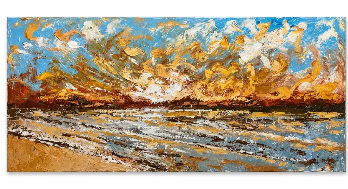 bali sunset abstract painting panoramic palette knife impasto gestural gold blue ocean waves expressionist original canvas arts of bali